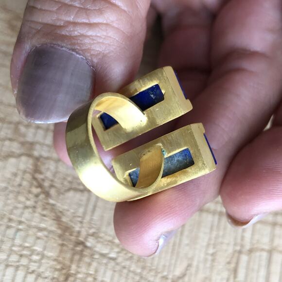 Double Lapis Lazuli Gemstone Gold Plated Adjustable Ring Size 6 (51 mm) Blue - Picture 4 of 7